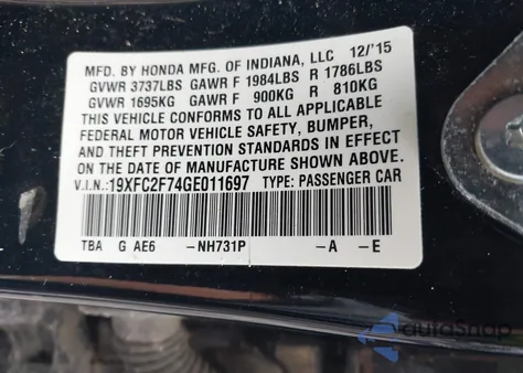 2016 Honda Civic Ex из США, поврежденный, VIN 19XFC2F74GE011697